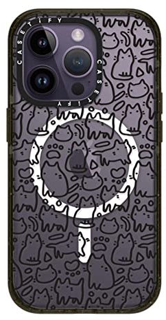 CASETiFY Impact iPhone 14 Pro Case [4X Military Grade Drop Tested / 8.2ft Drop Protection/Compatible with Magsafe] - Funny doodle kitty cats pattern - Clear Black