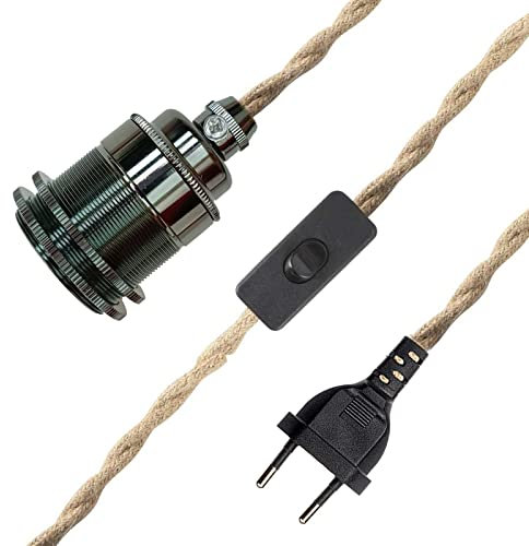 E27 Vintage Lampenkabel HäNgende Leuchte, Seil HäNgelampe, Lampenfassung Pendelleuchte mit Schalter und Stecker, Hanfseil Pendellampe Kit, DIY Einzelkopf Kabel Seil HäNgeleuchte, für Loft Lager (A-3M)