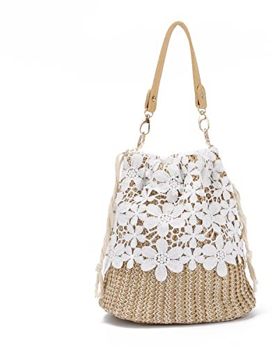 LHHMZ Sommer Strandtasche für Damen Eimertasche aus Stroh Blume Spitze Umhängetasche Reisetaschen