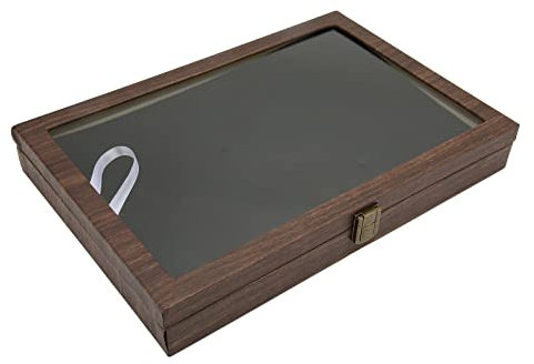Cyrank Schmuck-Vitrine aus Holz, Anstecknadel-Vitrine Mit Glasdeckel, Abzeichen-Vitrine Für Hard-Rock-Abzeichen, Sammlernadeln Und Medaillen(Braun)