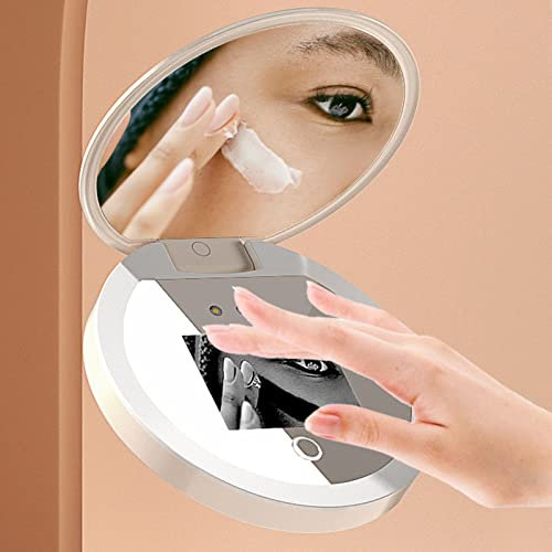 Kompakter UV-Reisespiegel, Beleuchteter Make-up-Spiegel Zum Überprüfen des Gesichts-Sonnenschutzes, 2-fache Vergrößerung, Tragbarer Beleuchteter Spiegel, 8,9 cm, Doppelseitiger