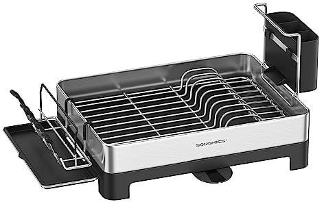 SONGMICS Dish Drying Rack, Stainless Steel Dish Drainer with Rotatable Spout, Drainboard, Cup Holder, Fingerprint-Resistant, for Kitchen Counter, 31.7 x 57.2 cm, Silver and Black KCS030B01