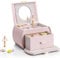 Vlando Musical Kids Jewellery Box with Drawer, Lockable Music Box with Ballerina for Children Bracelet, Ring, Necklace, Gifts for Girls, Apricot Pink