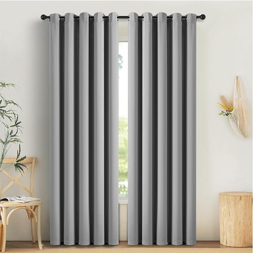 AMEHA Blackout Eyelet Curtains for Living Room 90x90 Inch Drop Blackout Curtains Thermal Insulated Energy Saving Ring Top Light Grey Curtains 2 Panel & Tieback