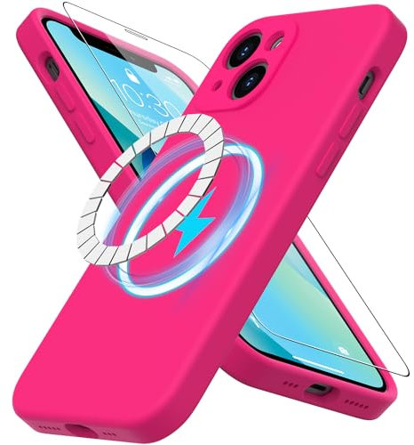 DEENAKIN for iPhone 13 Mini Case Silicone with Screen Protector - [Compatible with MagSafe] - Camera Protection - Slim Fit Protective Magnetic Phone Cover 5.4 for Women Girls Hot Pink