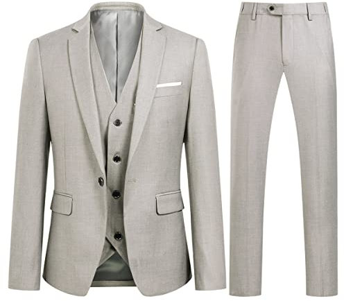 Allthemen Abito da Uomo 3 Pezzi Slim Fit Completo Formale da Matrimonio Un Bottone Giacca Pantaloni Gilet Beige L
