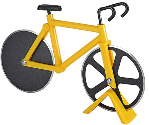 Pizzaschneider fahrrad Antihaftbeschichteter Edelstahl Pizzaroller Fahrrad Pizzaschneider mit Ständer lustige geschenke für frauen Party Geschenke lustige gadgets(Gelb 18.5 x 12 x 4cm)