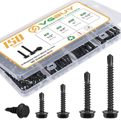 VGBUY Kit assortito di viti autoperforanti da 150 pezzi, viti autofilettanti in acciaio inossidabile 410, viti TEK in lamiera zincata nera, #8 1/2 3/4 #10 1 1-1/2, testa esagonale rondella