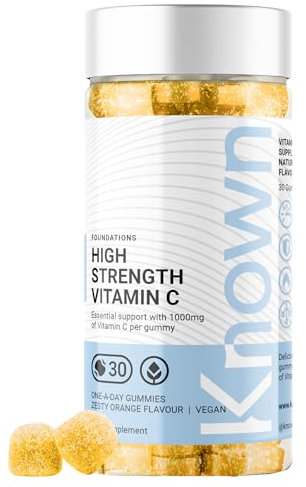 Known Tasty High-Strength Vitamin C Gummies - 1000mg Vitamin C for Collagen & Energy - Natural Zesty Orange Flavour - 30 Vegan Gummies, 1 Month Supply