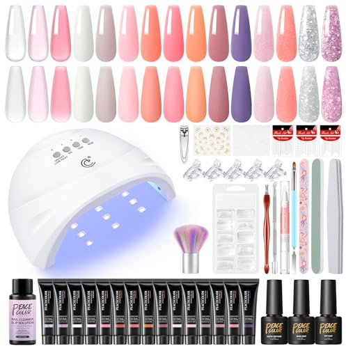 PEACECOLOR Kit Ongle Gel UV Complet 15 * 10ml Gel d'Extensions d'Ongles Kit, UV/LED Lampe, Slip Solution Base et Top Coat Faux Ongles Kit Manucure