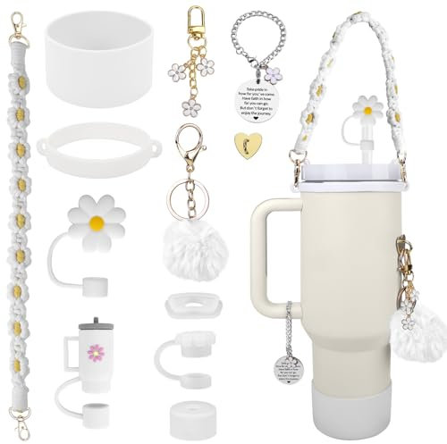 POFIBO Stanley Cup Zubehör Set - Wasserflasche Griff Riemen, Siliocne Becher Stiefel, Silikon Strohhalm Abdeckung, Stanley Cup Accessories für Stanley Cup 800ml -1100ml(Weiß)