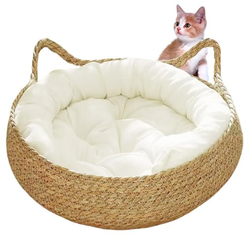 Cama de Gato Tejida de Paja de 17 Pulgadas Con Cojín Suave, a Prueba de Rasguños, Acogedora Cesta de Mimbre Redonda en Forma de Gato Para Gatos Medianos