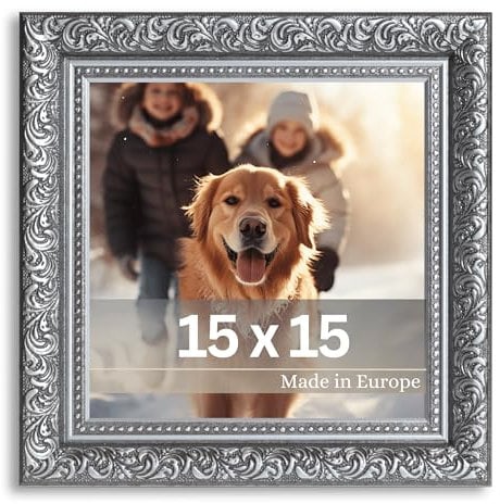 VictoR Vintage Bilderrahmen „Rubens“ in 15x15 cm Schwarz Silber - Leiste: 30x20mm - Echtglas - Fotorahmen Barock - Antik - Bilderrahmen 15x15 Silber - Quadratisch
