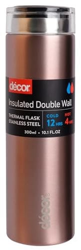 Décor Double Wall Stainless Steel Travel Mug - Keeps 4 Hours Hot - 12 Hours Cold - Car Cup Holder Compatible - Removable Screw Top Lid - 300ml Rose Gold.