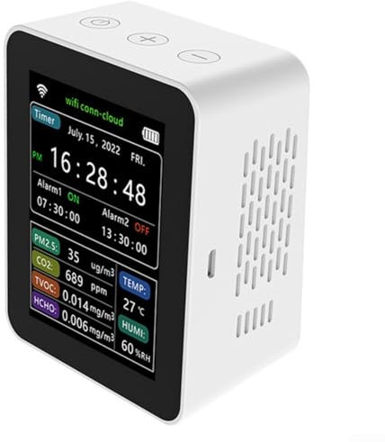Tragbarer Gasdetektor, 6-in-1 WiFi-Luftqualitätsdetektor, Innenluftqualitätsmonitor mit Temperatur- und Feuchtigkeitsmelder (weiß)