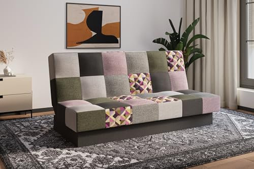 mb-moebel Sofa mit Schlaffunktion und Bettkasten Couch für Wohnzimmer, Polstersofa Wohnlandschaft mit Bettfunktion, Sofagarnitur - Schlafsofa - Cyprus Patchwork - (Rosa + Oliv)