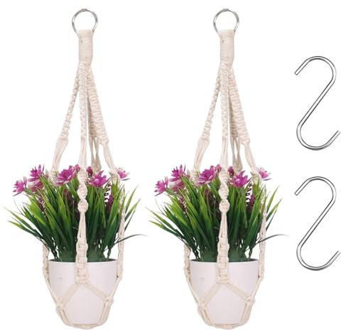 CQQNIU 2 Pieces Of Woven Flower Pot Net Bags And 2 Pieces Of S-Shaped Hooks, Gardening Accessories, Hanging Flower Pot Net Basket, Home Decoration