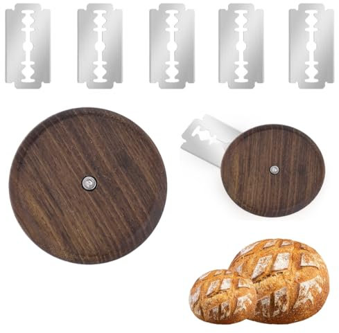 OUDQFCJ 1 Set de couteaux à pain et 5 lames de boulanger, outil de découpe pour pâte, lame à grignette, couteau à baguette, couteau de gravure, couteau à pain incurvé, version ronde, en bois de noyer