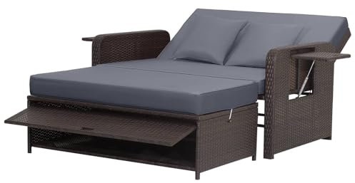COSTWAY Garden Rattan Daybed, 4-Level Adjustable Patio Wicker Loveseat Sofa Bed Sun Lounger with Storage Ottoman, Retractable Tray & Cushions, Outdoor Double Conversation Furniture (Grey+Mix Brown)