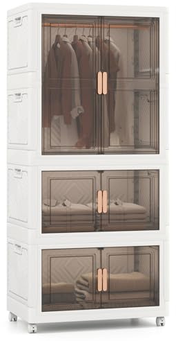 GIANTEX Caisse Rangement Plastique 421 L, Boîte de Rangement Pliable avec Couvercle, roulettes, 10 Cintres, Poignées, Armoire à Vetement pour Chambre à Coucher, Buanderie, Dressing