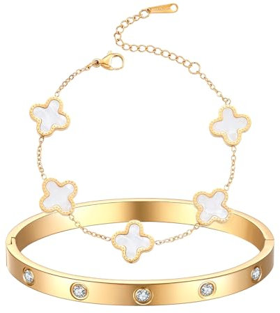 Tashce Vierblättriges Kleeblatt Armband Gold, 2er-Set 18K Vergoldeter Armreif, Clover Bracelet für Frauen, Glückssymbol Schmuck Geschenk für Hochzeit, Geburtstag, Valentinstag