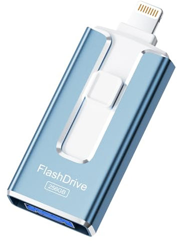 SUDEHO USB Stick 256GB for iPhone, MFi Certified Lightning Memory Stick Stable Data Transfer, 4 in1 Flash Drive for iPhone/iPad/Android/PC, Easily Back Up and Save Files, AshBlue