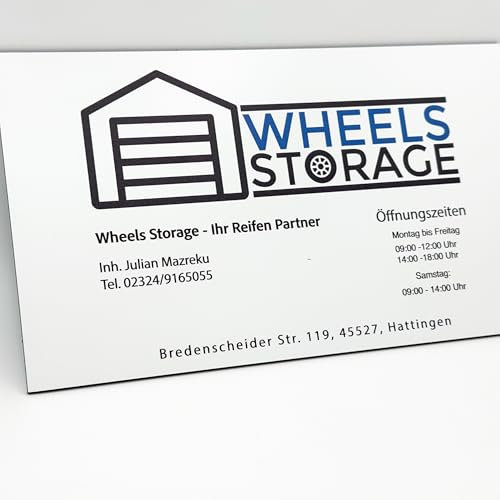 Cartel de empresa con horario de apertura, 28 x 16 cm, placa de aluminio con logotipo, dirección, número de teléfono y horarios de apertura, cartel de pared para tienda, consulta, peluquería, taller