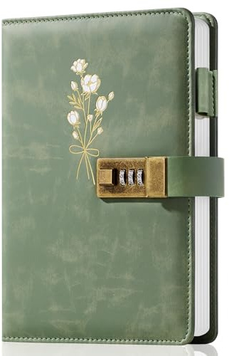 Ovesmusl Diary with Lock for Girls A5 Leather Diary for Women 260 Pages 100 GSM Refillable Journal with Lock for Teens Secrets Flower Journals with Combination Passwords, 5.7x8.3, Green
