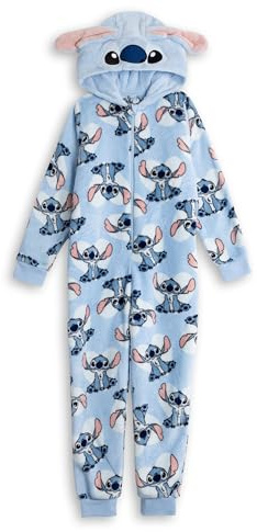 Disney Lilo & Stitch Girls Blue Onesie | Fleece Zip-Up Sleepwear with 3D Stitch Hood Long Sleeve Loungewear for Bedtime