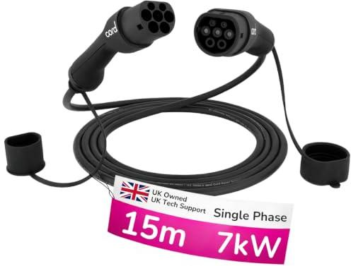 Cord Type 2 to Type 2 EV Coiled Charging Cable, 32amp, 7kW, 15 Metre, Single Phase, Black & White (Usable length ~11.0m)