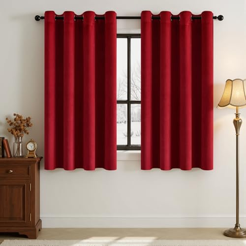 Woaboy Velvet Curtains for Living Room W 46 x L 54 2 Panels Red | Blackout Thermal Curtain for Bedroom 54 Drop Luxury Eyelet Drapes Soft Window Treatment Insulated Soundproof & Room Darkening