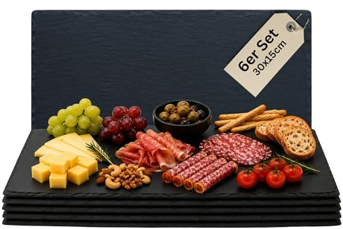 Schieferplatten eckig 30x15 cm Set aus 6 Servierplatten aus Schiefer für Käseplatte Tapasplatte Deko & HLKauf-Block