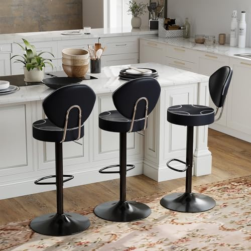 Youhauchair Barhocker 3er Set, Schwarz | 8 cm dicken Sitz, 360 drehbare, mit Rückenlehne, Höhenverstellbarer, Kunstleder