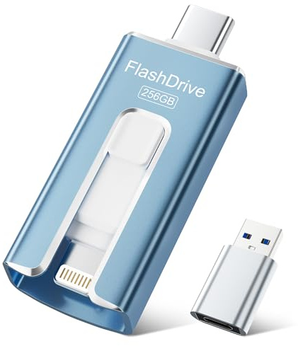 SUDEHO MFi USB Stick 256GB für iPhone, 3-in-1 Lightning & USB-C Stick, Blau | 3-in-1 Speicherstick für iPhone, iPad, Android & PC, Fotos & Videos Sichern, Schnelle Datenübertragung, Einfache Verwaltung