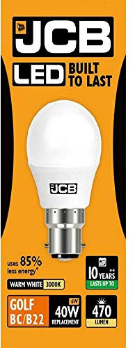 JCB 6w LED B22 Golf Ball Bulbs Bayonet, 40w Incandescent Bulb Equivalent, 470lm, Warm White 3000k , Non Dimmable, LED Bayonet Bulb, Golf Balls Light Bulbs, 220-240v