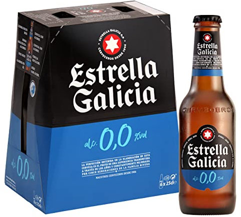 Estrella Galicia 0,0 - Cerveza Lager sin Alcohol, Pack de 6 Botellas x 25 cl, Sabor Ligero y Refrescante, Aroma a Maltas y Lúpulo, 0% Volumen de Alcohol