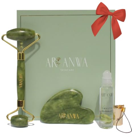 ARI ANWA Face Yoga Set – Gua Sha, Jade Roller & Rosenwasser Roll-On | Premium & Hochwertig: Glow Kit für Lifting und definierte Gesichtskonturen + Erfrischender Roll-On mit Bio Rosenwasser