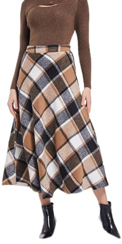 Moviendress Jupe Hiver Femme Longue Plissée Laine Taille Haute A-Ligne Vintage Carreaux Jupes (XL,Écossais Kaki)