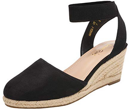 DREAM PAIRS Alpargatas con Punta Abierta para Mujer, Elegantes Sandalias sin Cordones con Plataforma, Correas elásticas en el Tobillo, Sandalias con tacón de cuña,Size 40.5,Negro,Amanda-1