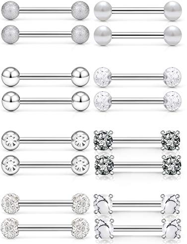 SCERRING 14G Nipple Rings Stainless Steel Nipplerings Tongue Straight Barbell Rings Body Piercing Jewelry for Women Men 9/16Inch 8 Pairs Silver