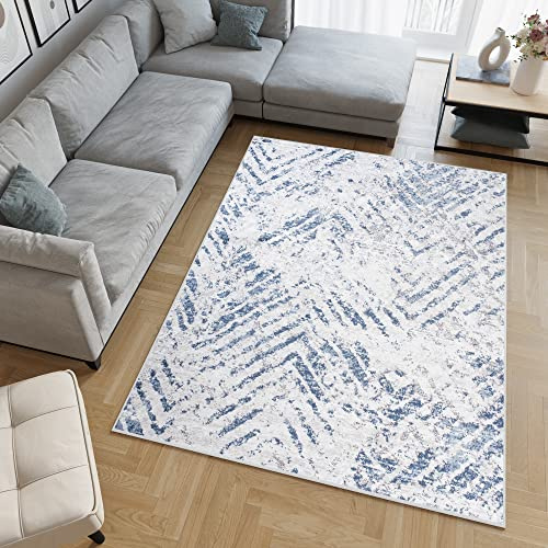 TAPISO Sky Teppich Kurzflor Creme Blau Streifen Zig Zag 120 x 170 cm | Modern Meliert Verwischt Design Wohnzimmer Schlafzimmer 3D Optik OEKO-TEX
