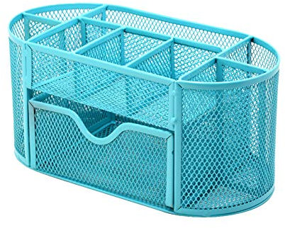 Mesh Desk Office Organizer,Multifunction Pen Holder with Drawer Stationery Storage Desktop Blue