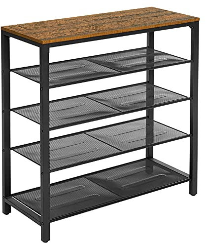 Meerveil Schuhregal, Schuhablage Schuhbank mit 5 Gitterebenen, 80x30x96cm Holz Metallrahmen Vintage Industrie Design, Langlebig und Stabil für Wohnzimmer Schlafzimmer Balkon Eingang