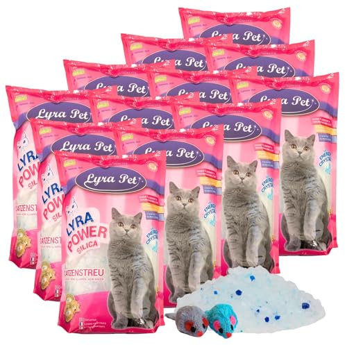 Lyra Pet® | 12 x 5 L = 60 L Lyra Power Silica Silikat Katzenstreu + 2 Spielmäuse | 100% Kieselgel | Keine Klumpenbildung | Neutralisiert den Geruch | Staubfrei & Unparfümiert | Hygienisch & Saugstark