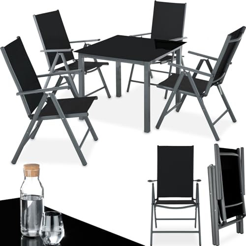 TecTake® Conjunto Muebles Jardín Exterior 5 Piezas, Estructura de Acero, Mesa y Sillas Terraza Impermeables y Resistentes a Intemperie, Sillas Plegables y Reclinables, Tela Transpirable - Antracita