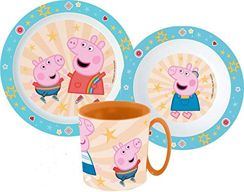 Une Kinder-Geschirr Set mit Teller, Müslischale und Trinkbecher inkl. Besteck (wiederverwendbar) kompatibel zu (Peppa Pig)