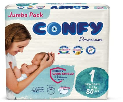 Confy Windeln für Babys (2-5 kg), 3 x Jumbo im Sparpaket Gr. 1 (240 Stk), Rundum Auslaufschutz