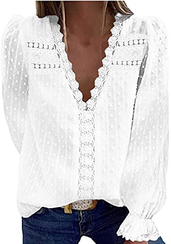 V-Ausschnitt Bluse Damen Spitze Oberteile Tops Herbst und Winter T-Shirt Elegant Pullover
