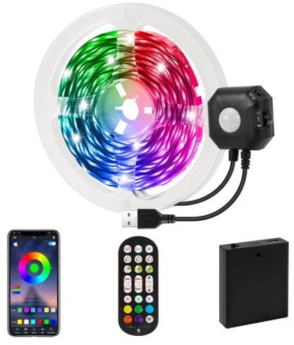 HUEMIHUI Night Sensing Light,4M Motion Sensor LED Strip Lights, USB LED Lights with Battery Operated, 5050 Colour Changing LED Strip with Remote&APP Control, RGB Bias Lights for Bed, Stairs, Cabinet