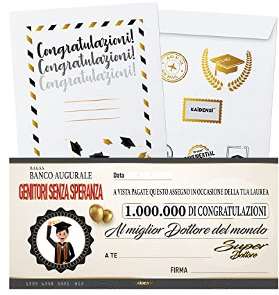 Idea Regalo Laurea Uomo Originale – Biglietto di Auguri Assegno del Laureato - Maxi Biglietto di Auguri Laurea Divertente - Idee Regali Biglietti Divertenti - Gadget Scherzo Laureati Originali